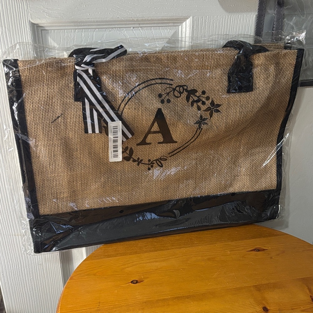 Monogrammed A Burlap Tote with Black Accents